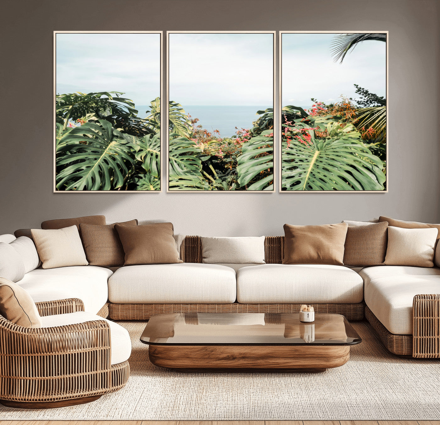 45700479-MGV-CV-36X24 - Tropical Greenery Wall Art – Exotic Leaves & Ocean View Canvas Print, Sunlit Paradise and Vibrant Nature for Living Room or Coastal Decor