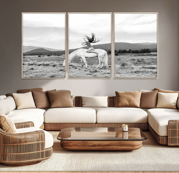 White Horse Wall Art Canvas Print, Woman Rider Print, Framed Equestrian Pose Art Print, Large Grazing Horse Printing Western Boho