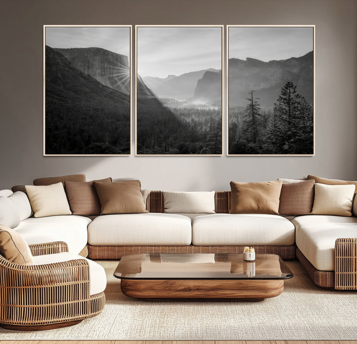 Yosemite Valley Wall Art Canvas Print, El Capitan Sunrise Print, Framed Misty Mountain Art Print, Large Monochrome Valley Printing