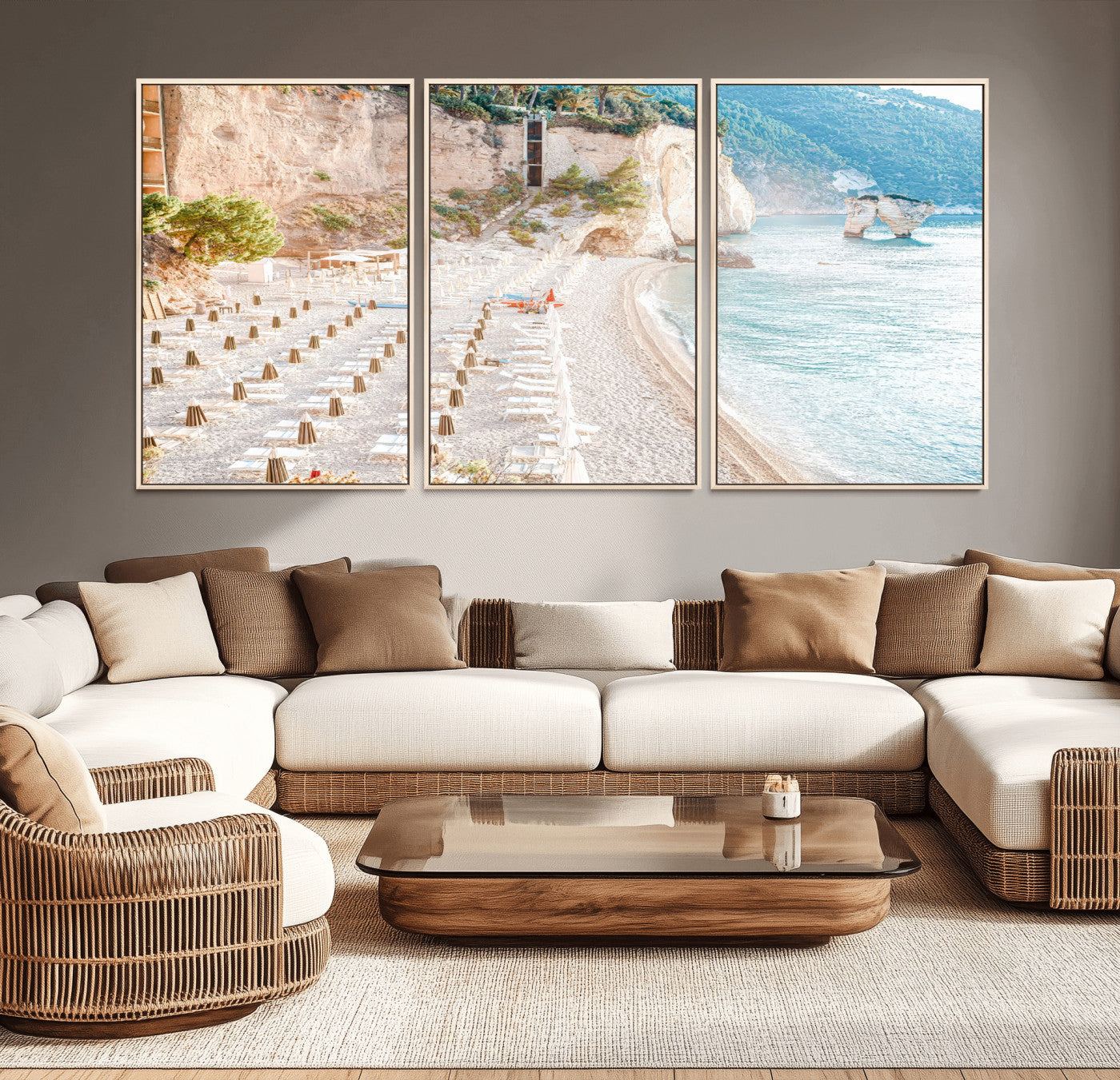 84816639-MGV-CV-36X24 - Sunny Beach Wall Art – Chairs & Umbrellas Canvas Print, Clear Water, Rocky Cliffs, Coastal Calm for Living Room or Vacation Home Decor