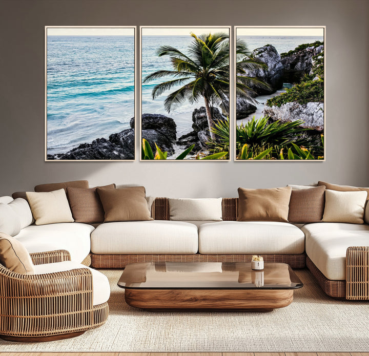 Framed canvas of a vibrant tropical coastline with palm trees, rocky cliffs, and turquoise waters, ideal for tropical coastal home decor.