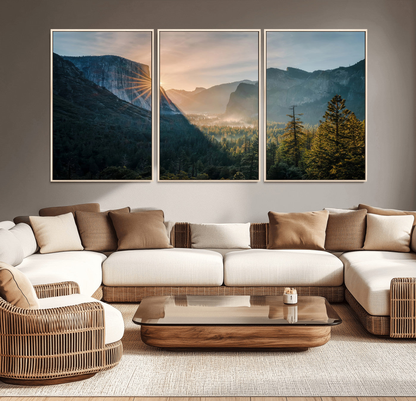 51605481-MGV-CV-36X24 - Yosemite Valley Wall Art – Misty Forest Peaks Canvas Print, Radiant Light, Tranquil Nature Landscape for Living Room or Cabin Decor