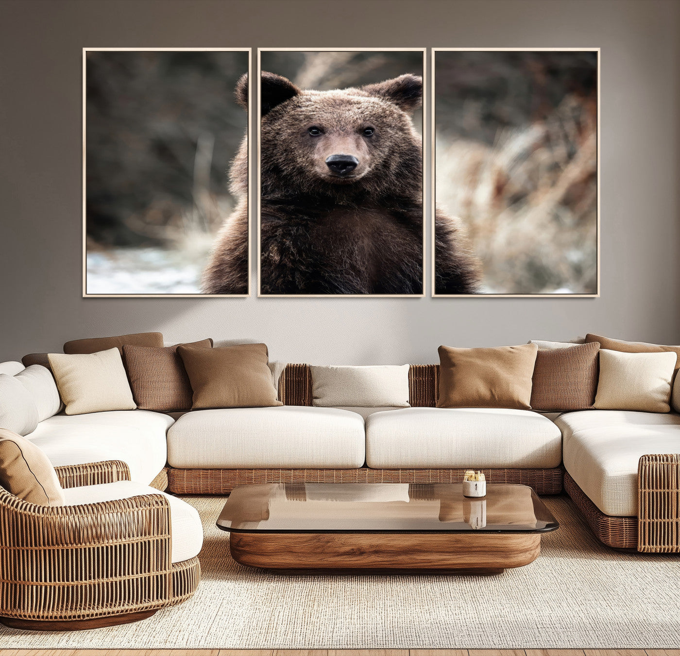 47112103-MGV-CV-36X24-Brown Bear Wall Art Canvas Print – Framed Majestic Woodland Wildlife Scene Artwork for Cabin, Home, Office, Living Room