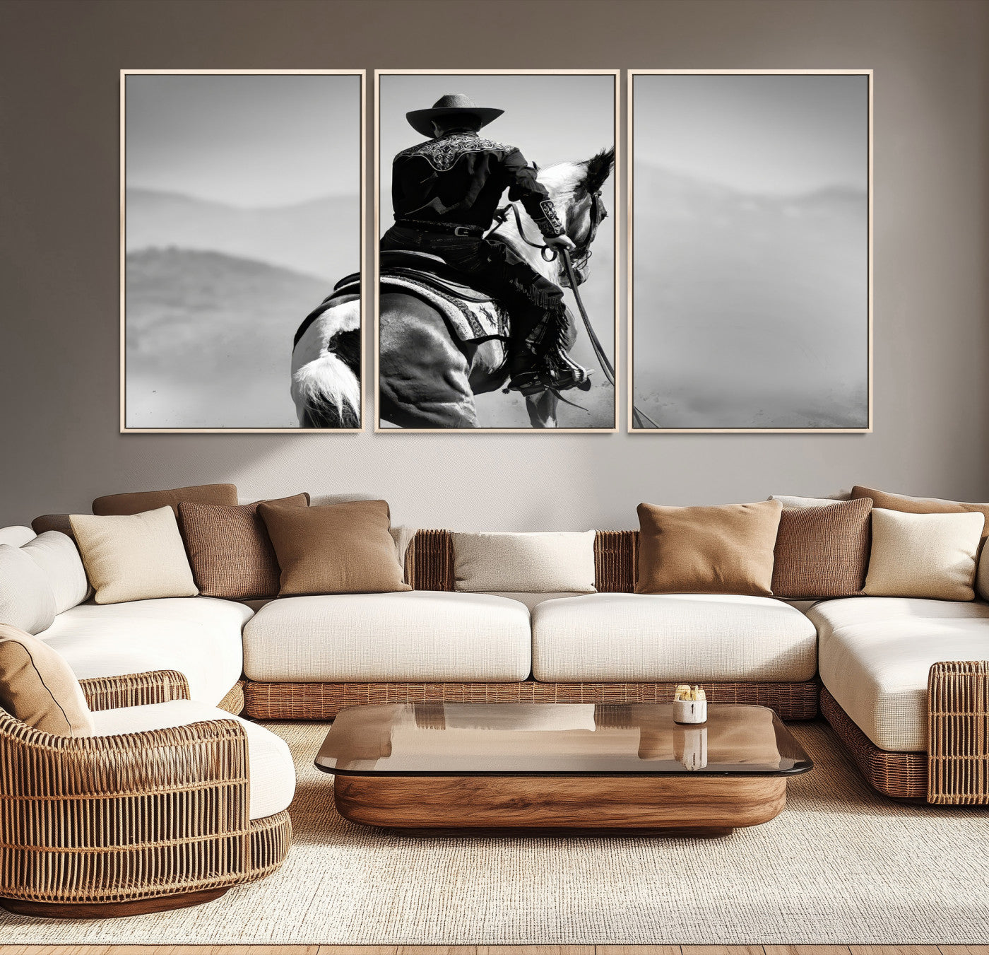 83102464-MGV-CV-36X24-Western Wall Art Canvas Print – Framed Cowboy and Horse Scene Artwork for Rustic Western Home, Office Decor