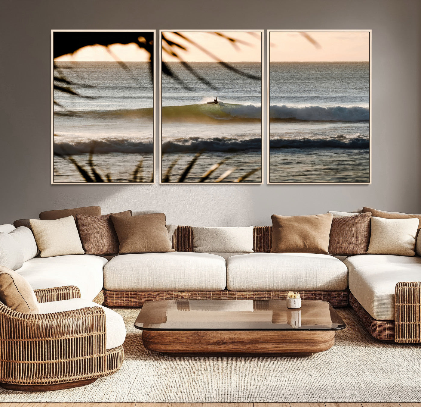 24896468-MGV-CV-36X24-Sunset Surf Wall Art Canvas Print – Framed Golden Hour Waves Scene Artwork for Boho Home, Office, Living Room Decor