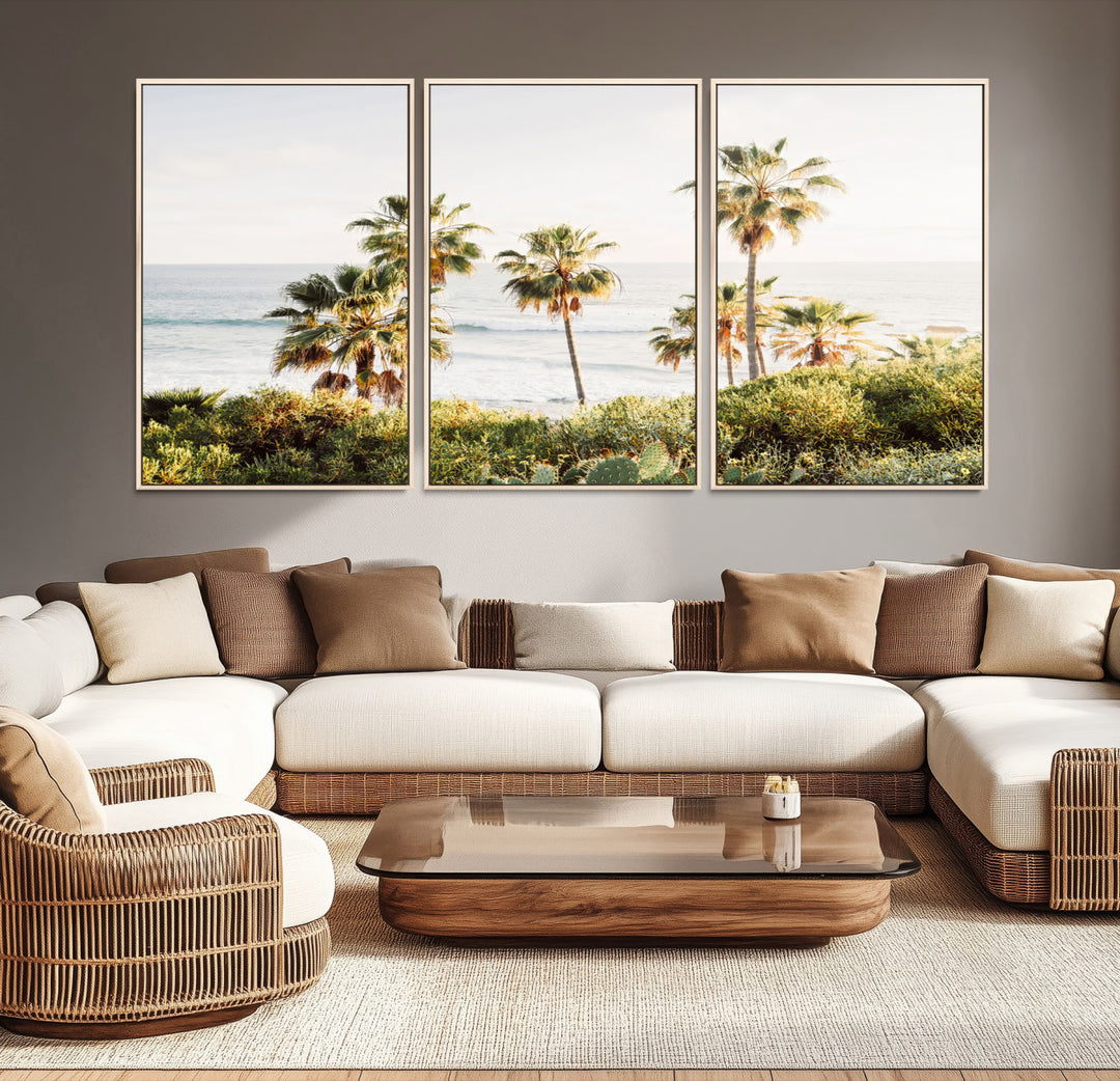 Framed print of sunlit palm trees on the California coast with warm tones, perfect for coastal minimalist or beach-style home decor.