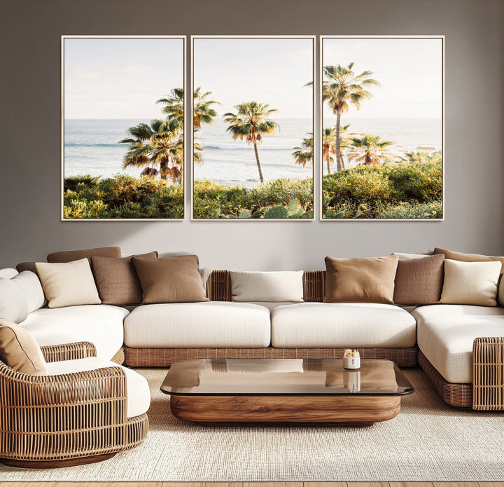 Framed print of sunlit palm trees on the California coast with warm tones, perfect for coastal minimalist or beach-style home decor.