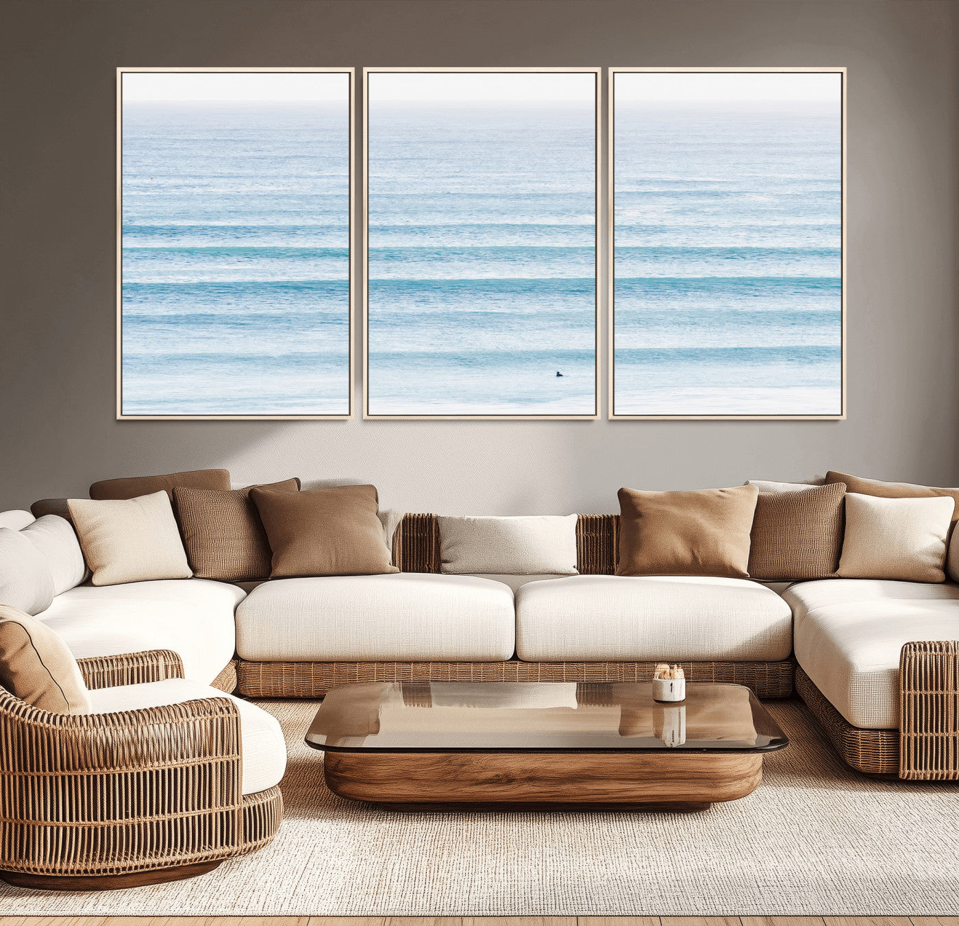 77145995-MGV-CV-36X24-Ocean Wave Surfer Wall Art – Framed Minimal Seascape Canvas Artwork, Calm Blue Water Design, Coastal Decor for Home, Office