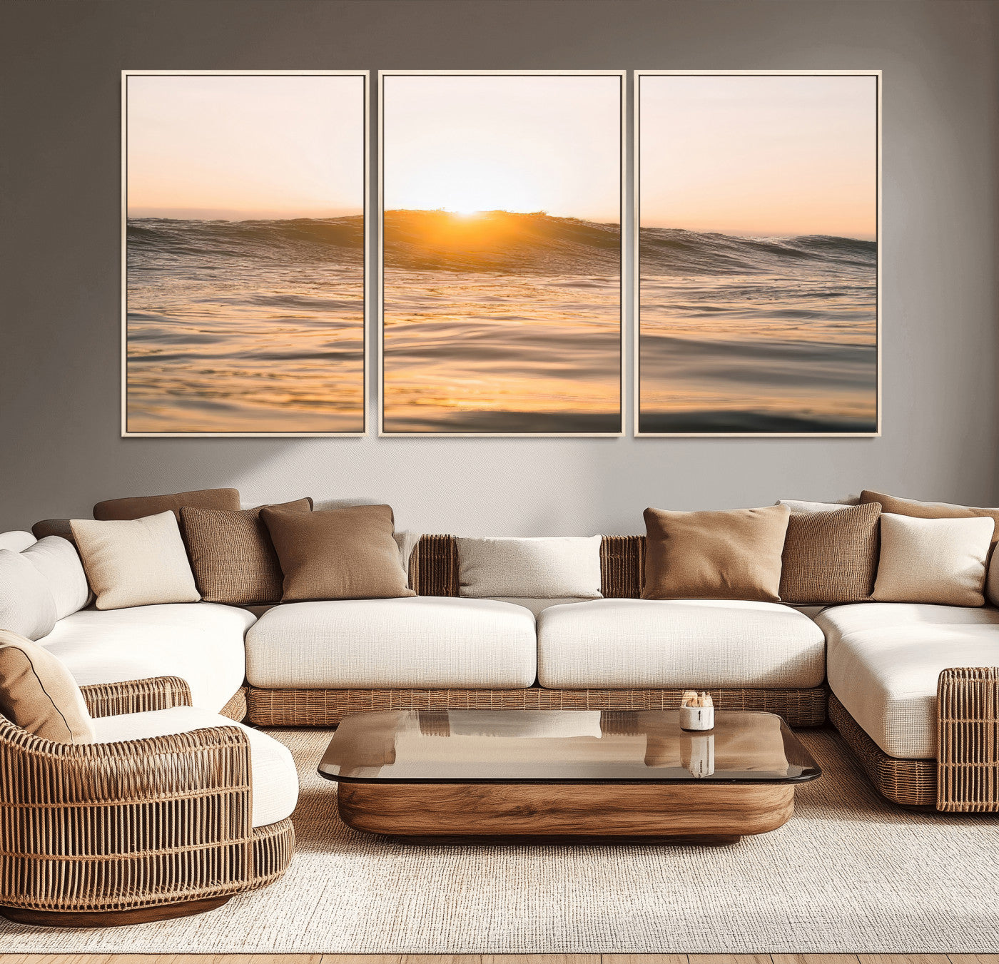 16973771-MGV-CV-36X24-Calm Water Wall Art – Framed Sunset Waves Canvas Artwork, Coastal Warm Design, Minimal Ocean Decor for Home, Office