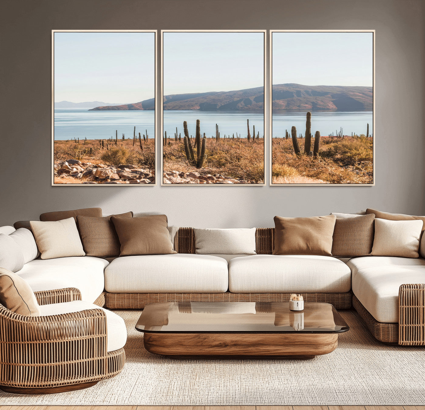 45193515-MGV-CV-36X24-Desert Lake Wall Art – Framed Cactus Mountain Canvas Artwork, Earthy Southwest Design, Rustic Nature Decor for Home, Office