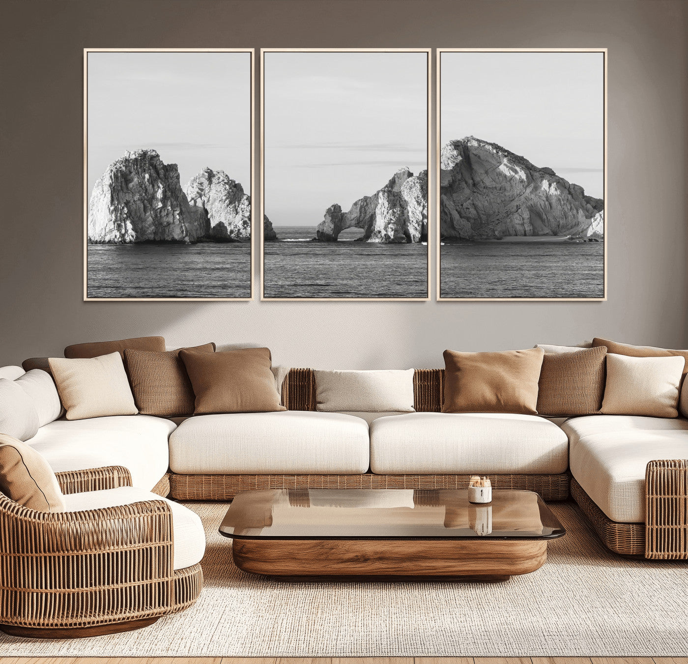 18810731-MGV-CV-36X24-Coastal Rock Arch Wall Art – Framed Black White Ocean Canvas Artwork, Natural Cliff Design, Minimal Decor for Home, Office