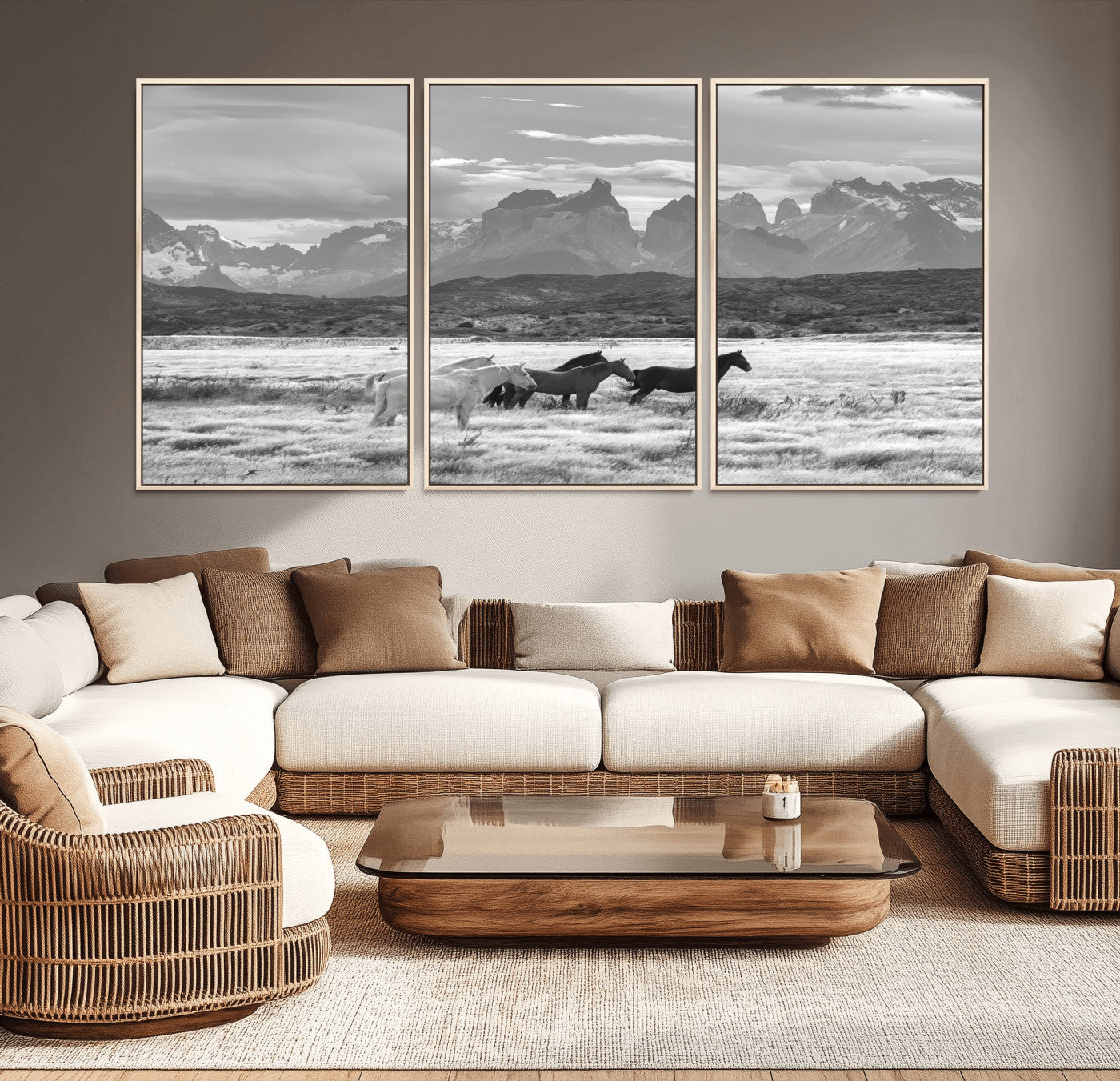 MGV-FC-60X30-3P - Wild Horses Wall Art Canvas Print, Framed Black White Mountains Art Picture Print, Rustic Countryside Perfect Rustic Western Decor Artwork