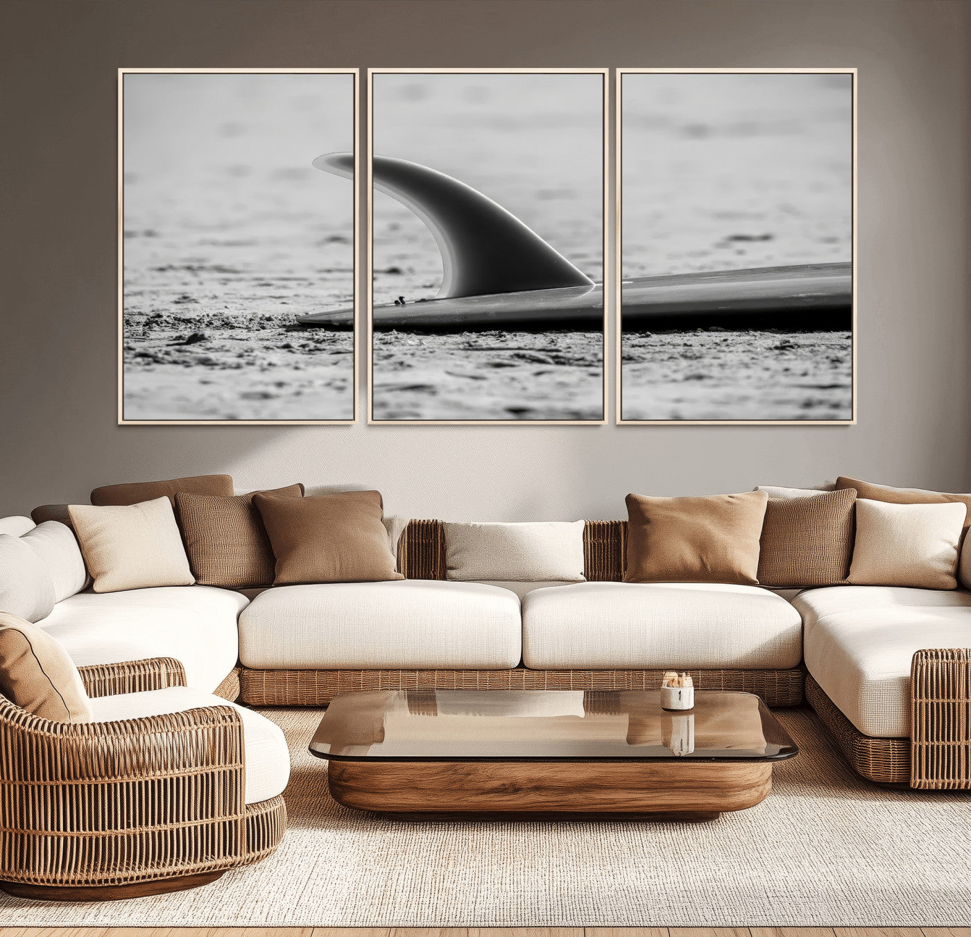 MGV-FC-60X30-3P - Black White Surfboard Wall Art Canvas Print, Framed Minimalist Beach Art Picture Print, Surf Fin Perfect Minimalist Coastal Decor Artwork
