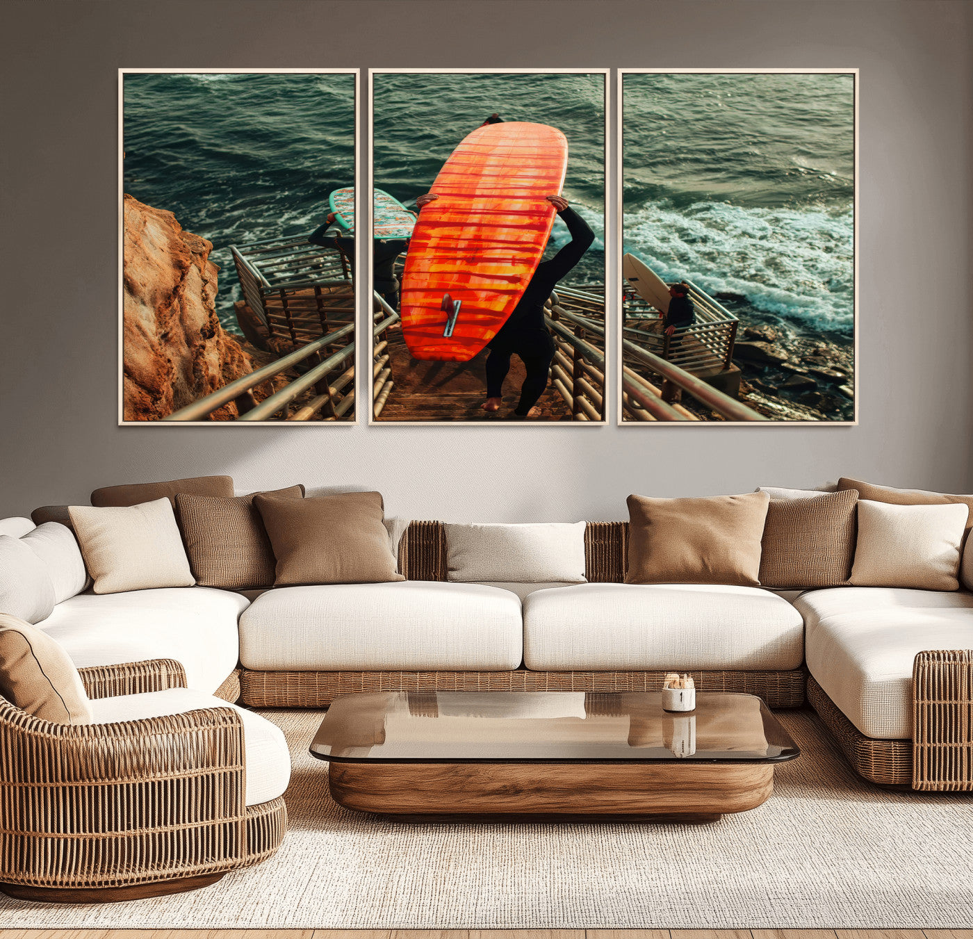 MGV-FC-60X30-3P - Surfer Stairway Wall Art Canvas Print, Framed Ocean Surf Art Picture Print, Sunset Coastal Perfect Coastal Adventure Decor Artwork