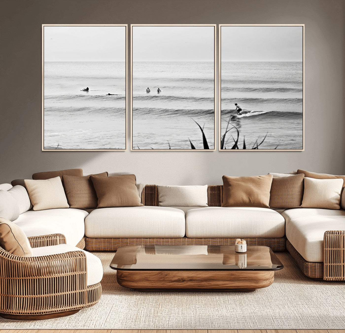 MGV-FC-60X30-3P - Surfer Silhouette Wall Art Canvas Print, Framed Calm Ocean Art Picture Print, Monochrome Surf Perfect Minimalist Coastal Decor Artwork