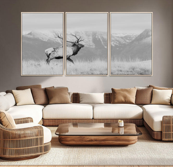 Rustic Elk Wall Art Canvas Print, Wildlife Antler Print, Framed Western Hunting Lodge Art Print, Large Mountain Nature Scene Printing Perfect for Japanese Decor