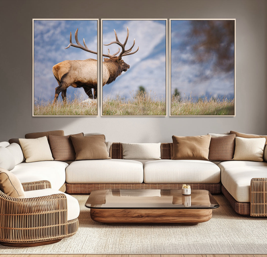 Rustic Elk Wall Art Canvas Print, Wildlife Antler Print, Framed Western Hunting Lodge Art Print