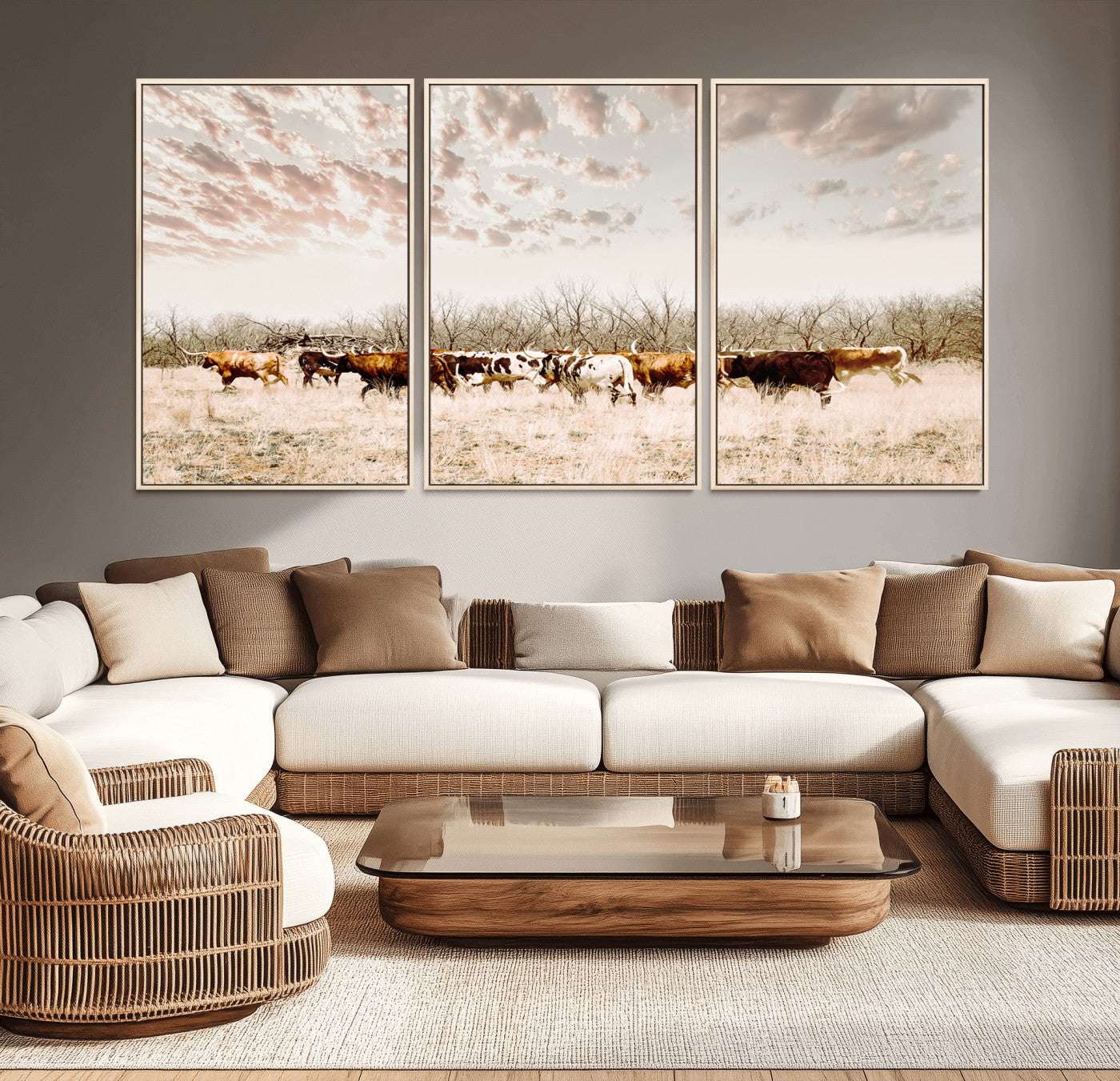 64892775-MGV-CV-36X24-Longhorn Cattle Wall Art Canvas Print – Framed Texas Ranch Scene with Western Cow Artwork for Home, Office