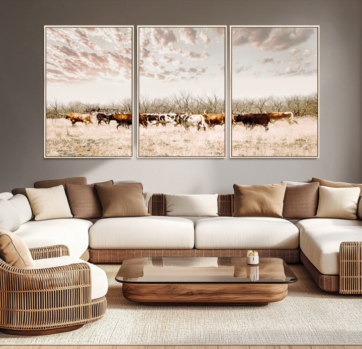 Longhorn Cattle Wall Art Canvas Print, Texas Ranch Print, Framed Western Cow Art Print, Large Prairie Landscape Printing Perfect for Western Decor