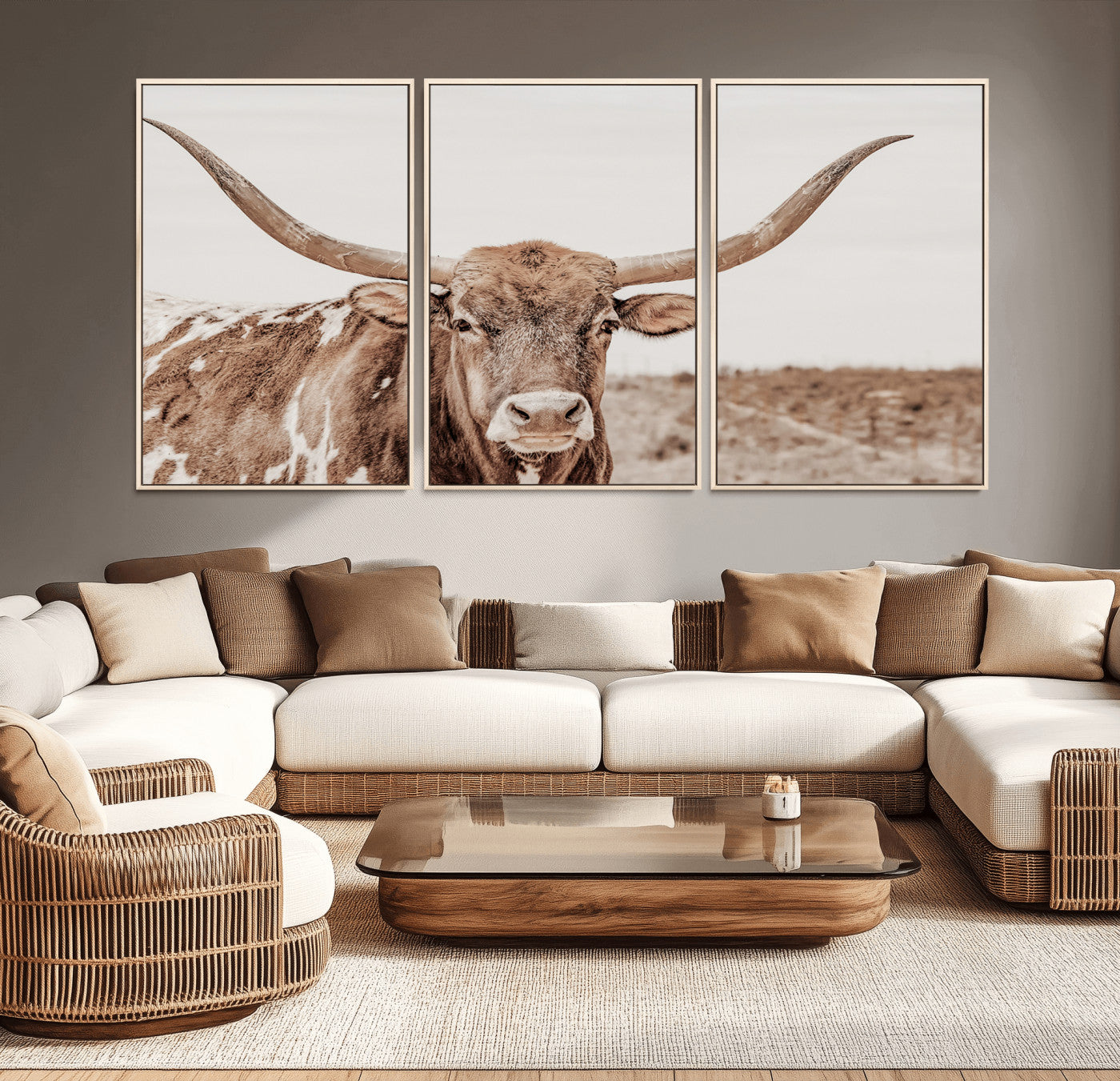MGV-FC-60X30-3P - Longhorn Cow Wall Art Canvas Print, Framed Texas Ranch Art Picture Print, Western Bull Perfect County Decor Artwork