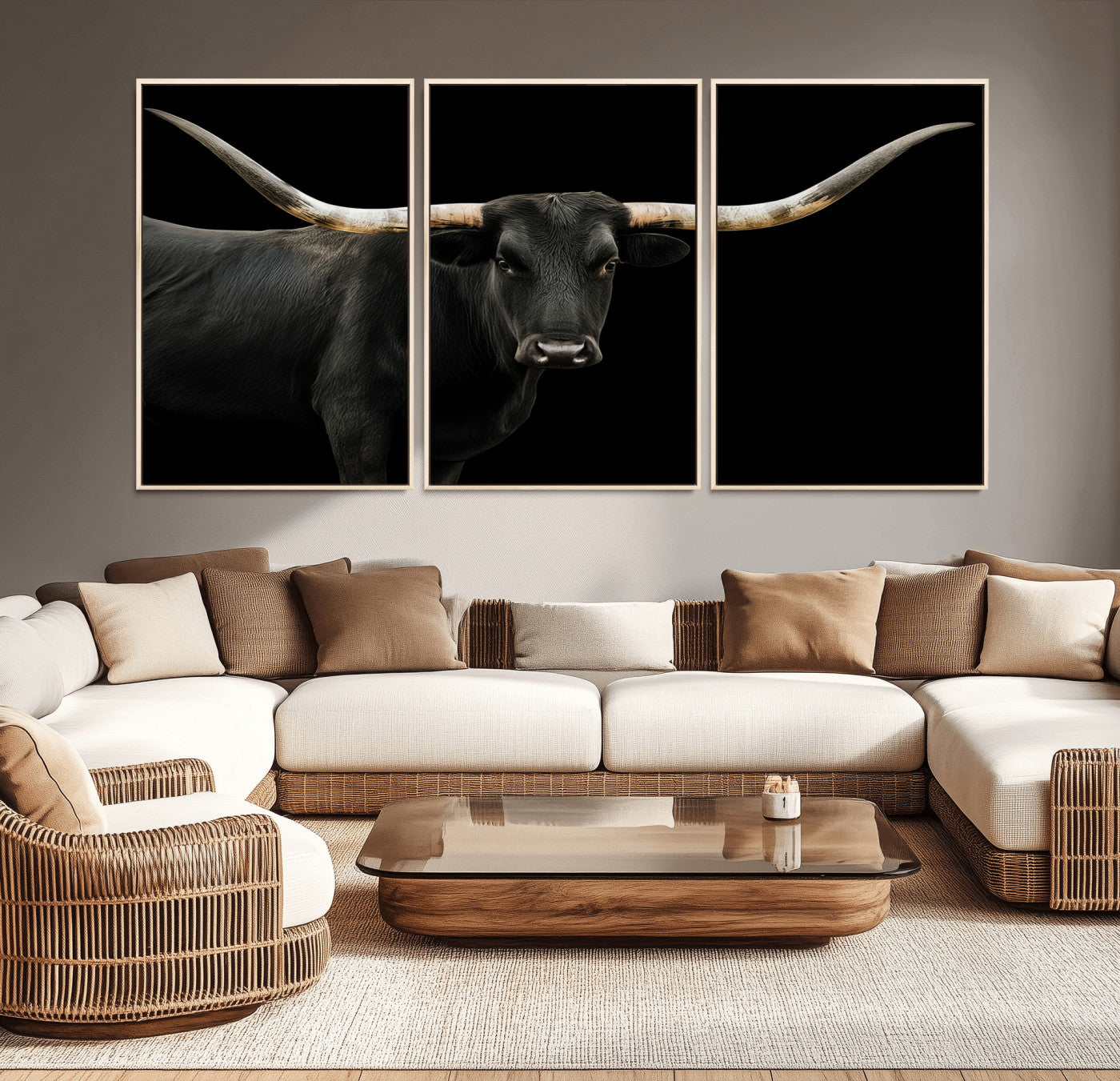 MGV-FC-60X30-3P - Longhorn Cattle Wall Art Canvas Print, Framed Texas Ranch Art Picture Print, Western Cow Perfect Farmhouse Decor Artwork