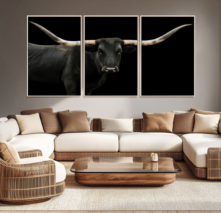 Black White Longhorn Bull Wall Art Canvas Print, Texas Ranch Print, Framed Western Cow Art Print for Farmhouse Decor - Longhorn Print