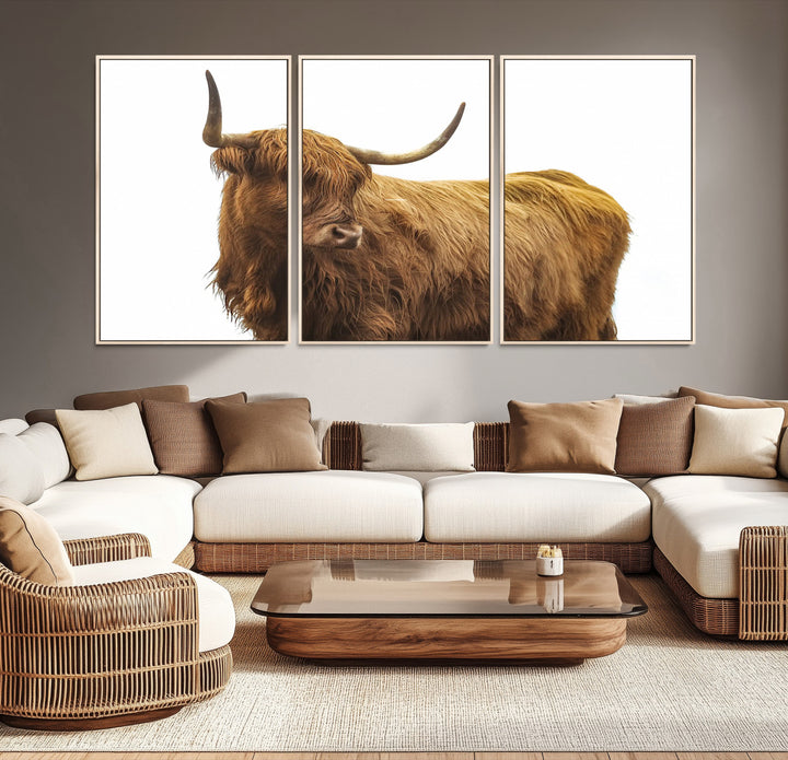 Highland Cow Wall Art Canvas Print, Scottish Bull Print, Framed Rustic Farmhouse Art Print, Large Country Animal Printing Perfect for Farmhouse Decor