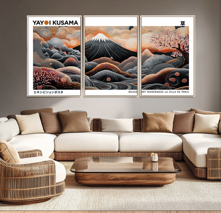 Modern Japanese Wall Art Print, Yayoi Kusama Wall Art Print, Abstract Mount Fuji Canvas Print Japanese Landscape Art Printing