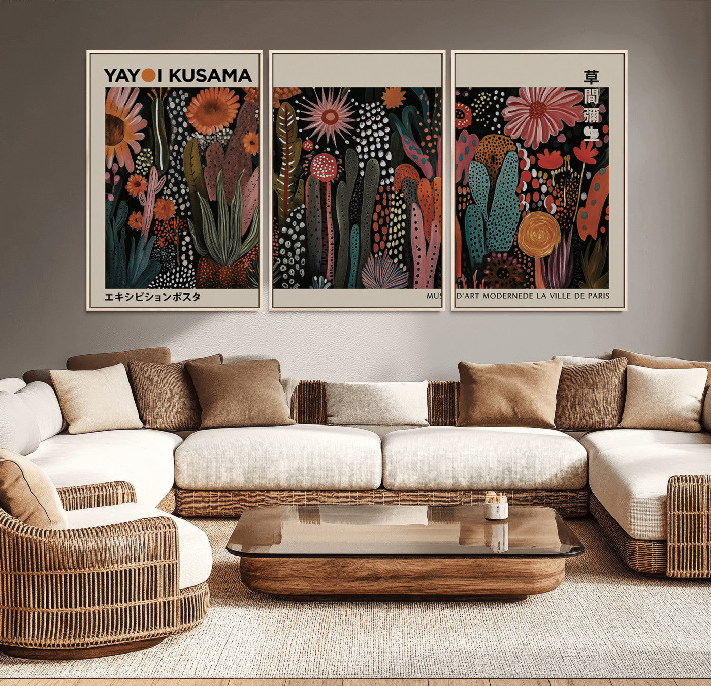 MGV-FC-60X30-3P - Modern Japanese Wall Art Print Yayoi Kusama Canvas Wall Art Abstract Mount Fuji Canvas Print