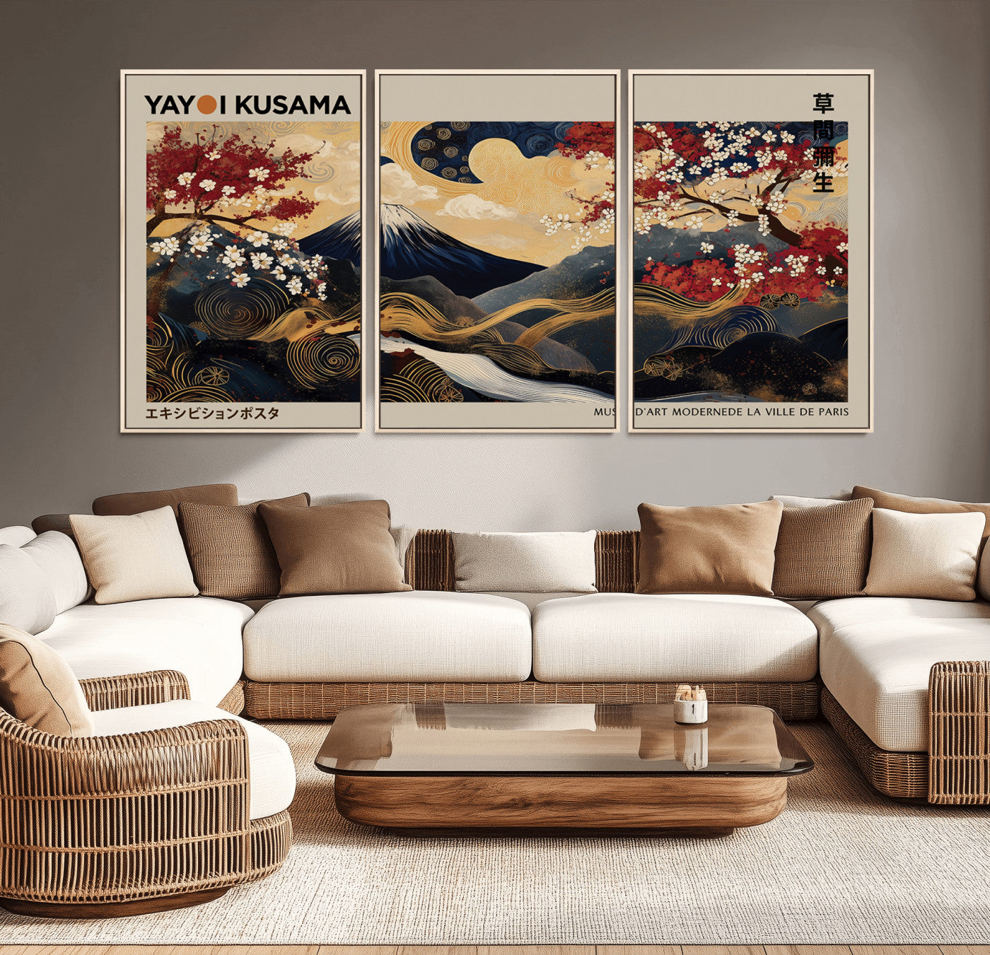 MGV-FC-60X30-3P - Modern Japanese Wall Art, Yayoi Kusama Japanese Print Wall Art, Abstract Mount Fuji Canvas Print,