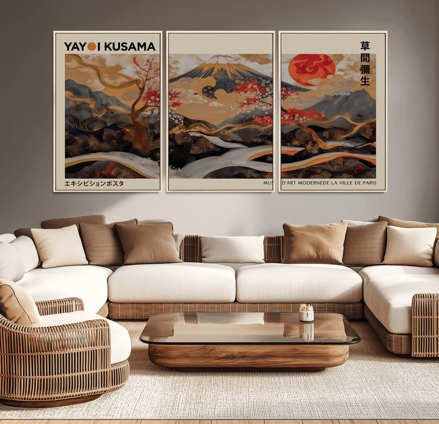 MGV-FC-60X30-3P - Modern Japanese Wall Art Print Yayoi Kusama Canvas Wall Art Abstract Mount Fuji Canvas Print