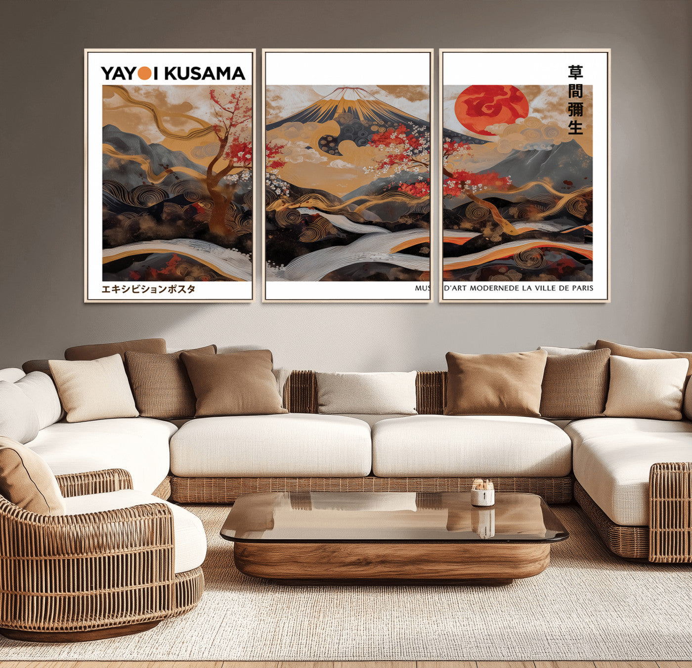 85375874-MGV-FC-60X30-3P_Natural-Mount Fuji Wall Art Canvas Print – Framed Abstract Mount Fuji Scene with Yayoi Kusama Artwork for Home, Office