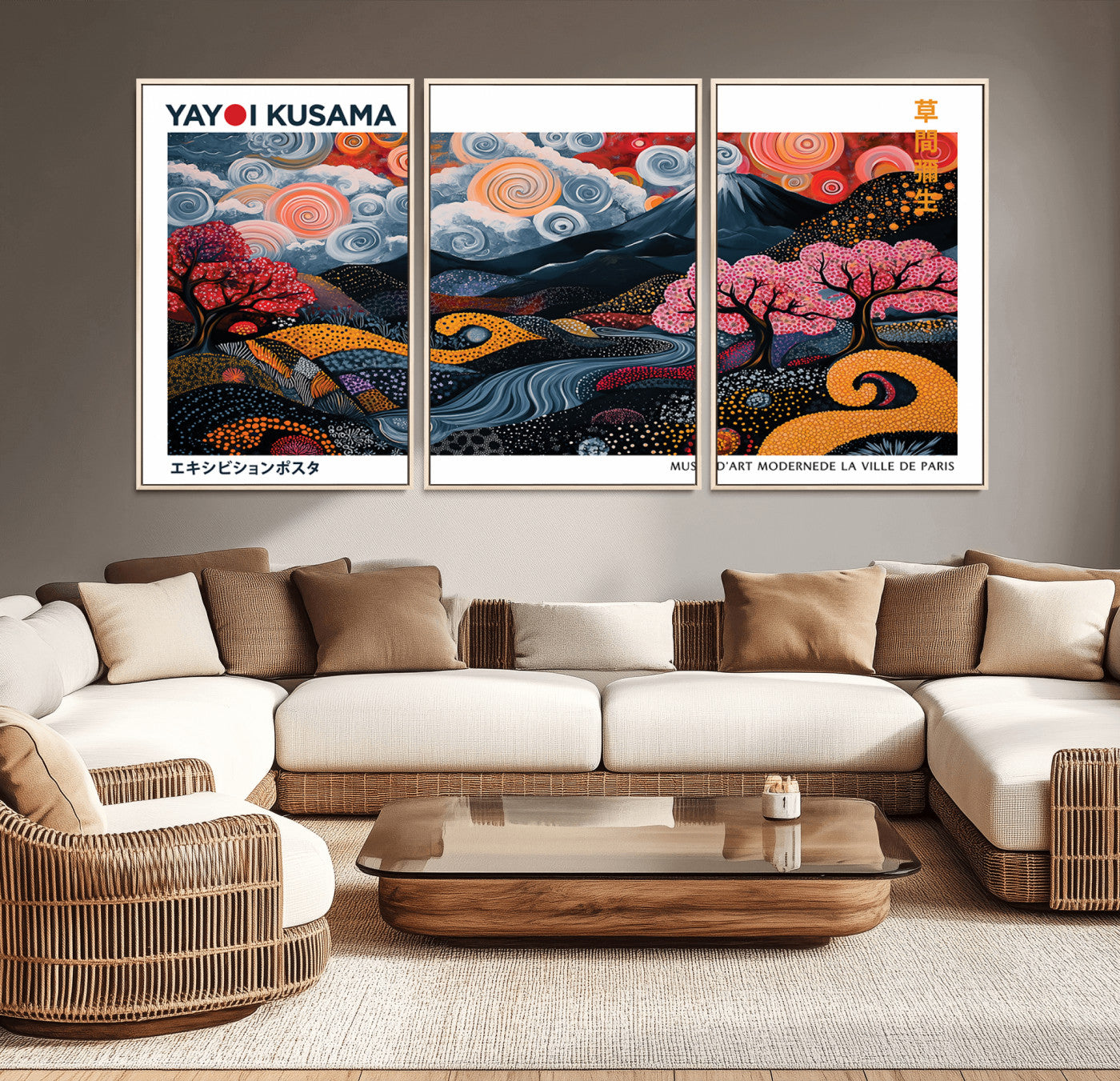 43879290-MGV-CV-36X24-Modern Japanese Wall Art Canvas Print – Framed Abstract Mount Fuji Scene with Yayoi Kusama Artwork for Home, Office