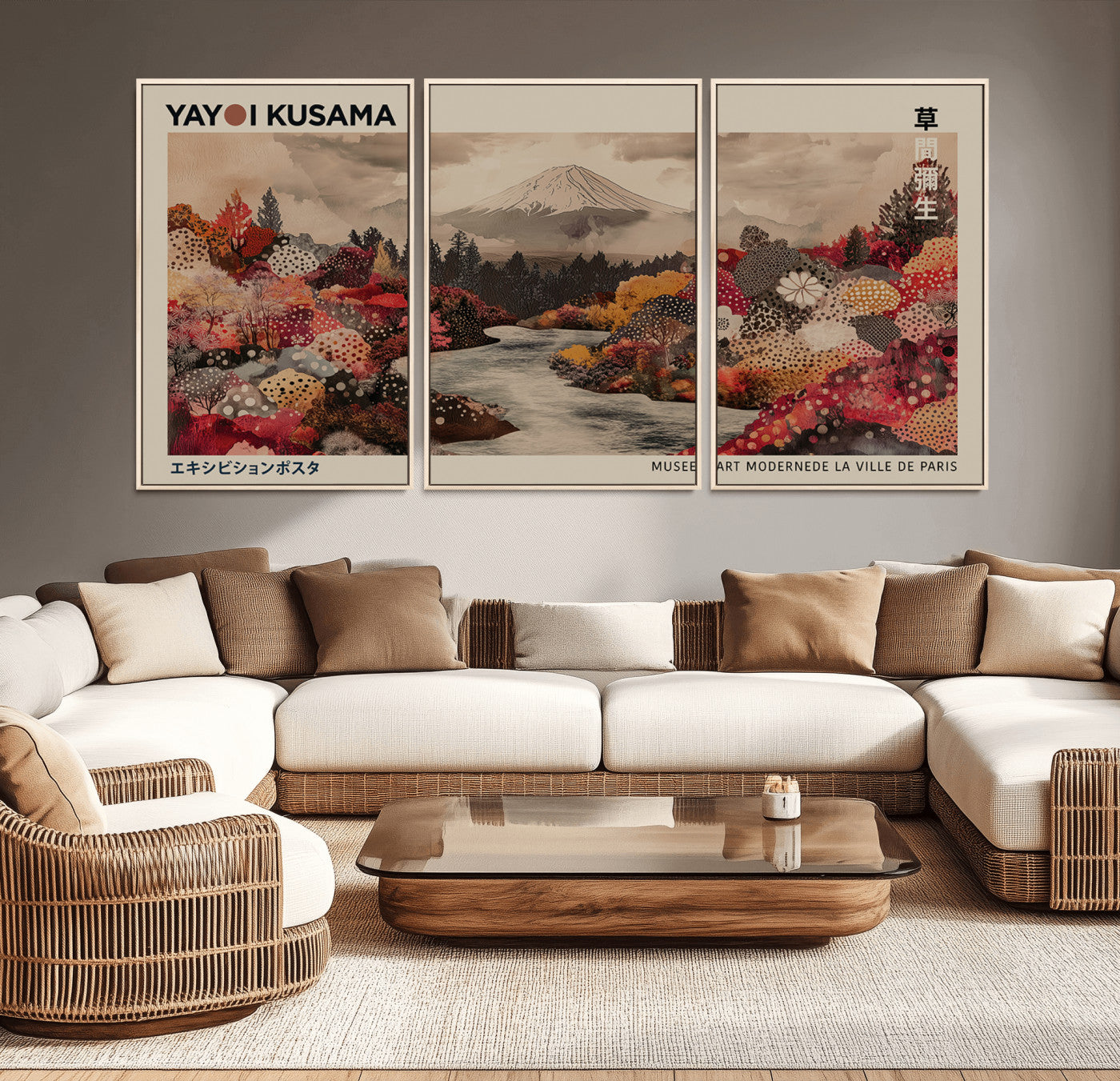 90660838-MGV-CV-36X24-Modern Japanese Wall Art Canvas Print – Framed Abstract Mount Fuji Scene with Yayoi Kusama Artwork for Home, Office