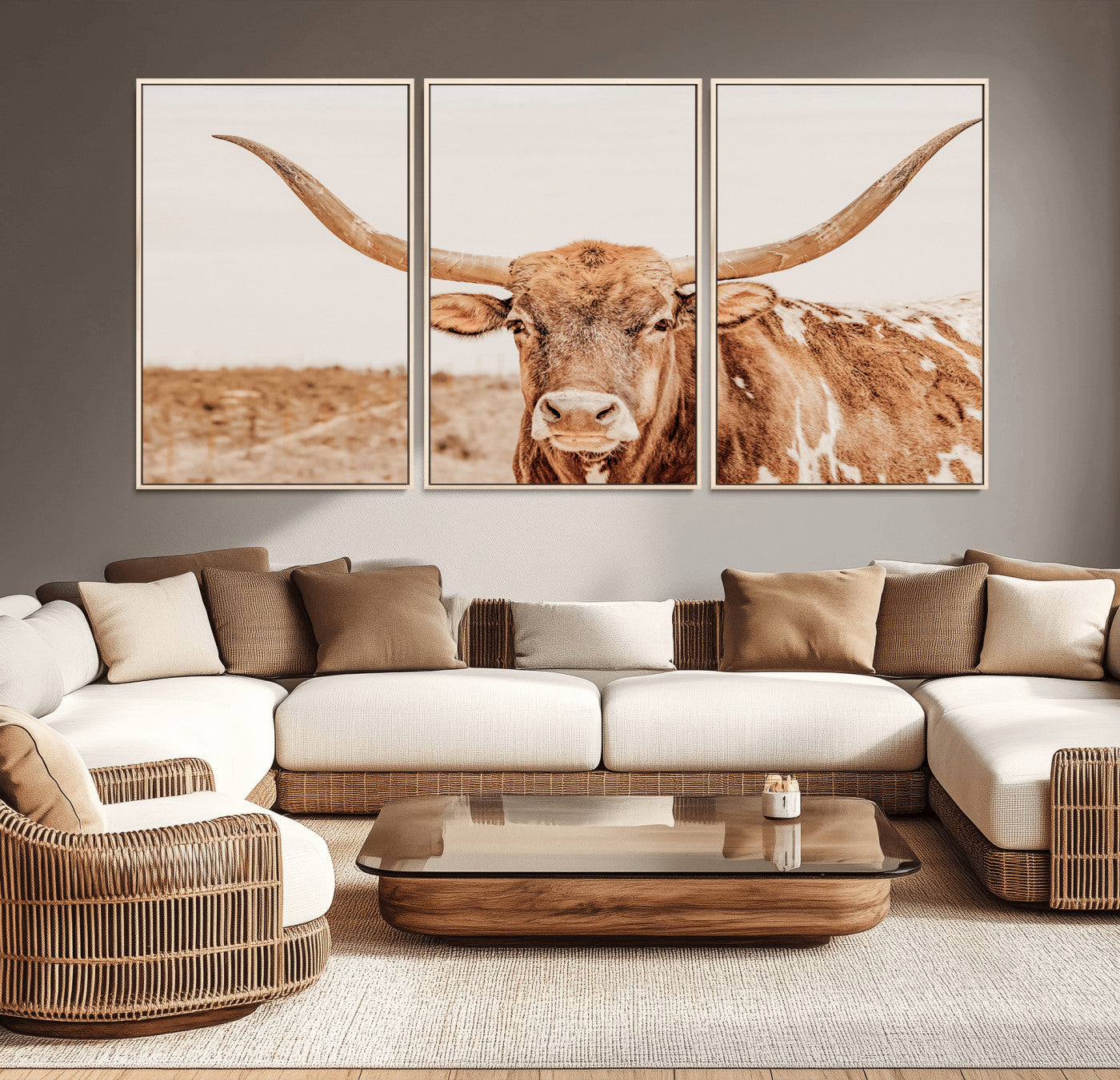 MGV-FC-60X30-3P - Longhorn Bull Wall Art Canvas Print, Framed Western Cow Art Picture Print, Rustic Farmhouse Perfect Neutral Farmhouse Decor Artwork