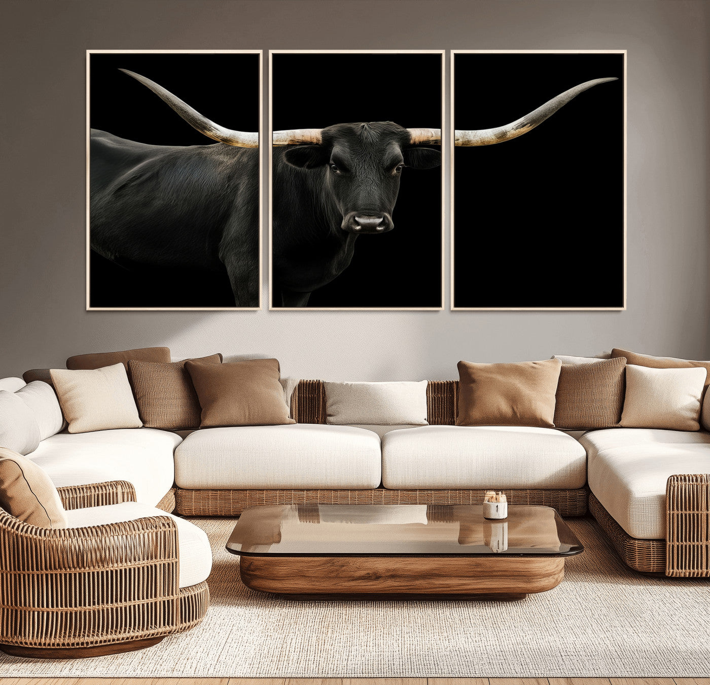 MGV-FC-60X30-3P - Texas Longhorn Wall Art Canvas Print, Framed Rustic Western Art Picture Print, Farmhouse Animal Perfect Modern Western Minimalist Decor Artwork