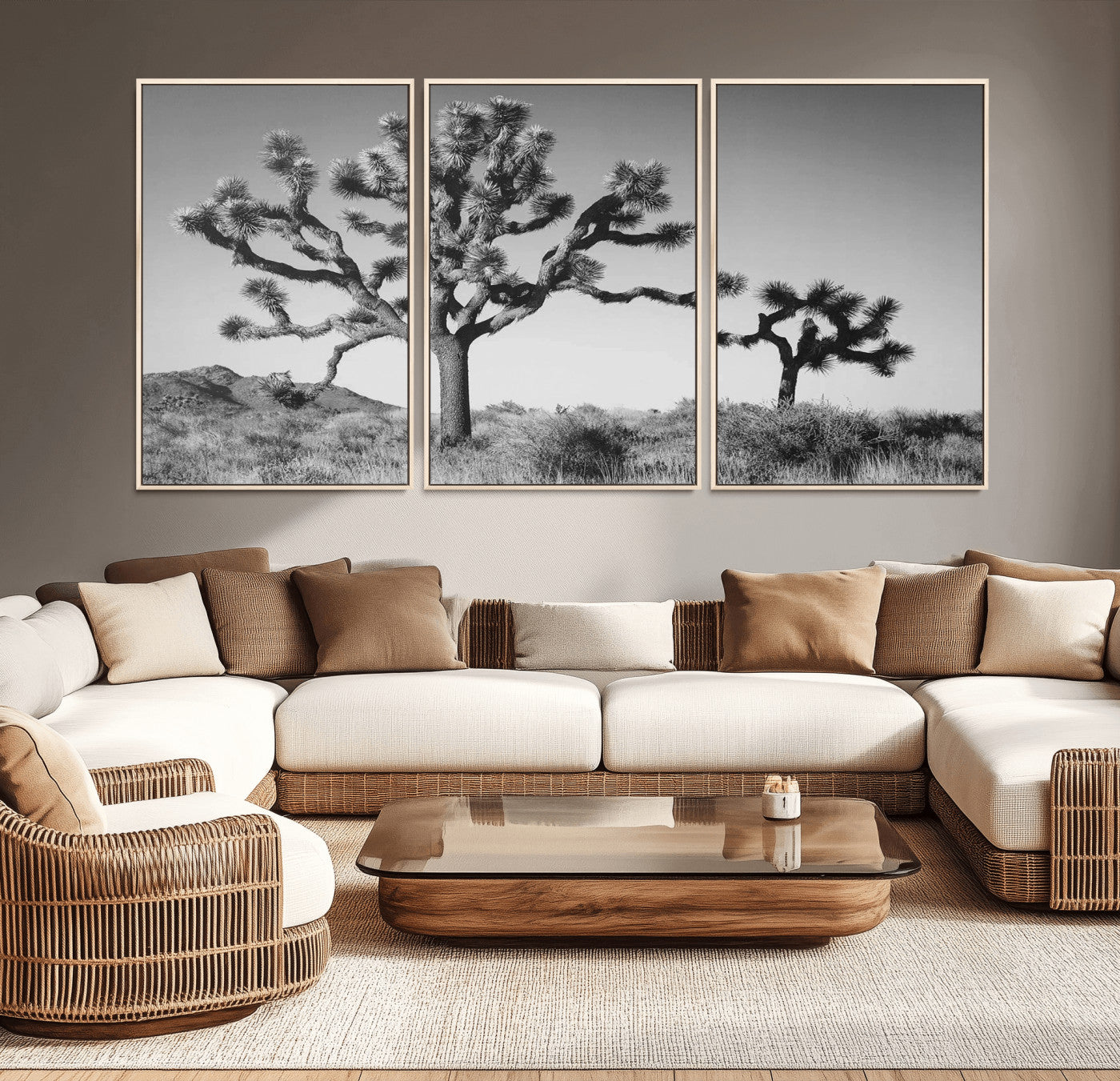 MGV-FC-60X30-3P - Joshua Tree Wall Art Canvas Print, Framed Monochrome Desert Art Picture Print, Minimalist Nature Scene Perfect Southwestern Minimalist Decor Artwork