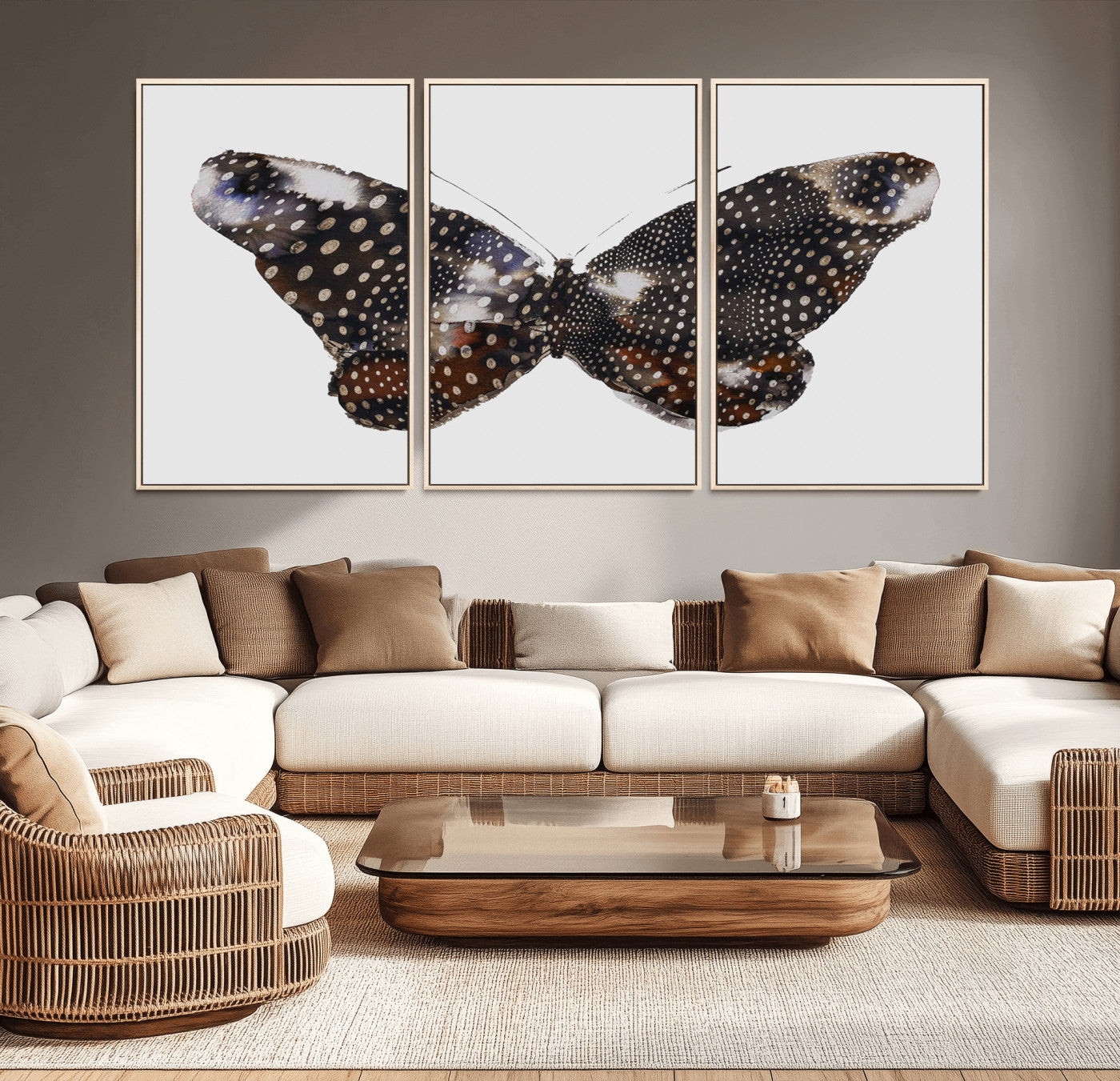 99831147-MGV-FC-60X30-3P_Natural-Spotted Butterfly Wall Art Canvas Print – Framed Neutral Insect Earthy Wing Pattern Modern Rustic Nature Artwork for Home Office