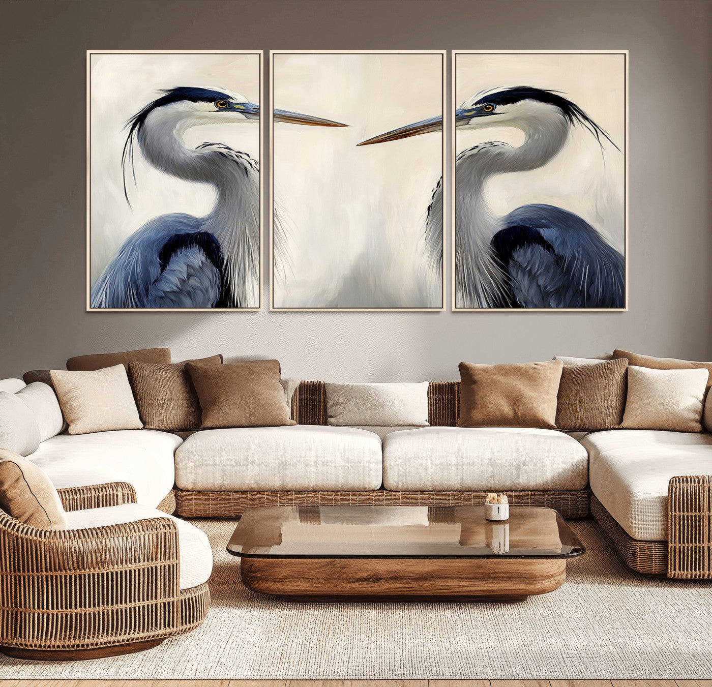 MGV-FC-60X30-3P - Blue Heron Pair Wall Art Canvas Print, Framed Coastal Bird Theme Art Picture Print, Tranquil Wildlife Scene Perfect Coastal Minimalist Decor Artwork