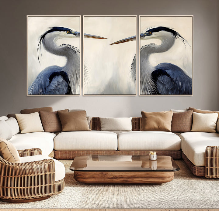 Blue Heron Pair Wall Art Canvas Print, Coastal Bird Theme Print, Framed Tranquil Wildlife Scene Art Print, Large Nature Inspired Decor Printing
