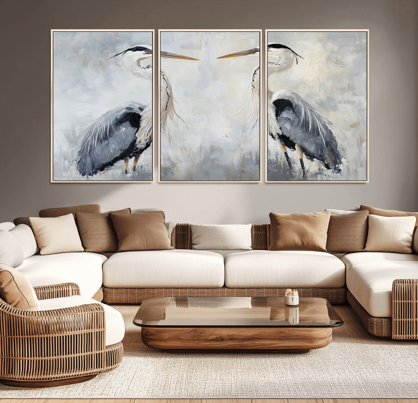 90806932-MGV-FC-60X30-3P_Natural-Heron Wall Art Canvas Print – Framed Bird Nature Inspired Coastal Minimalist Wildlife Artwork for Home Office