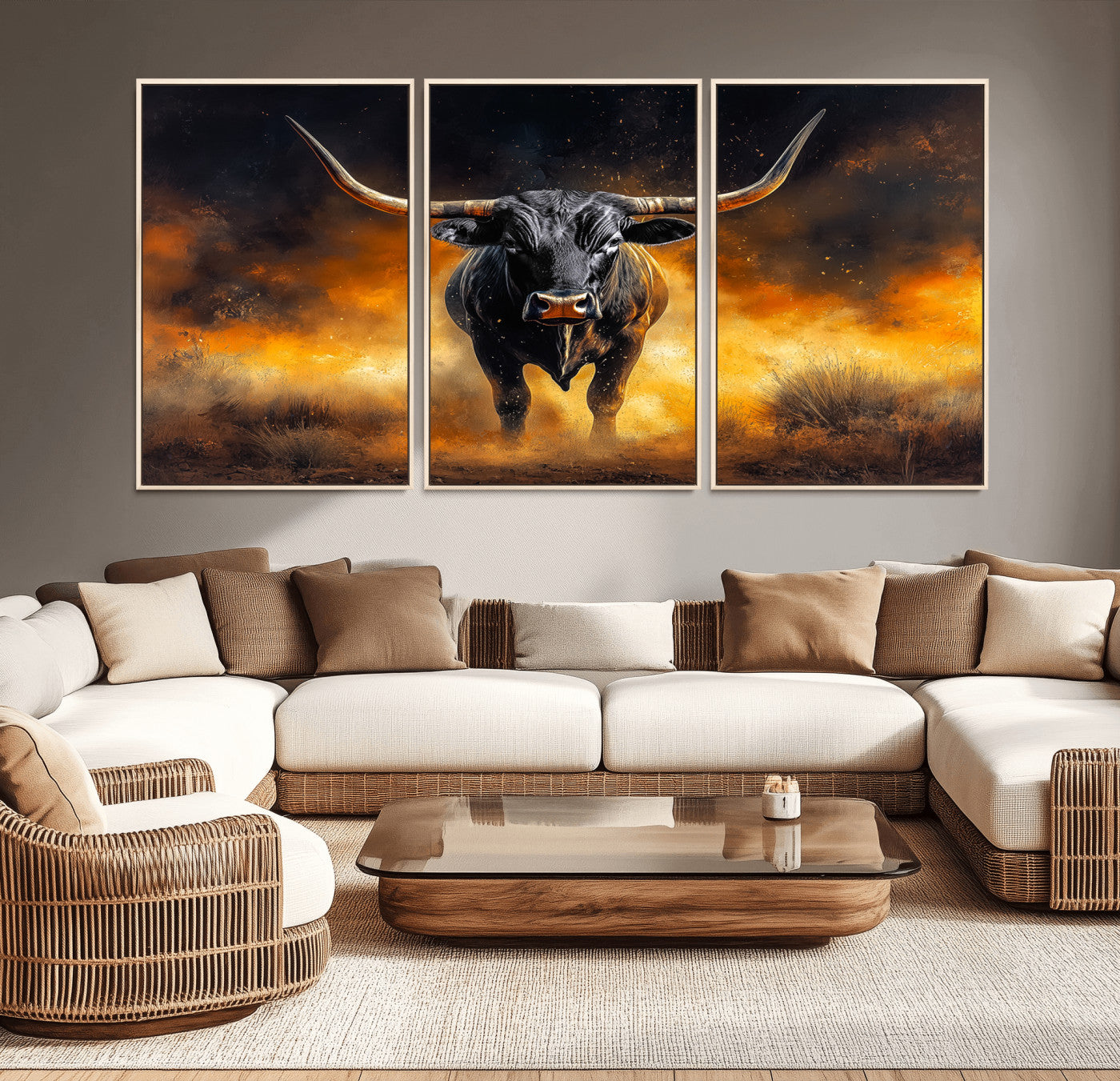 58293979-MGV-CV-36X24-Longhorn Canvas Wall Art Canvas Print – Framed Bold Bull Western Animal Dramatic Ranch Artwork for Home Office
