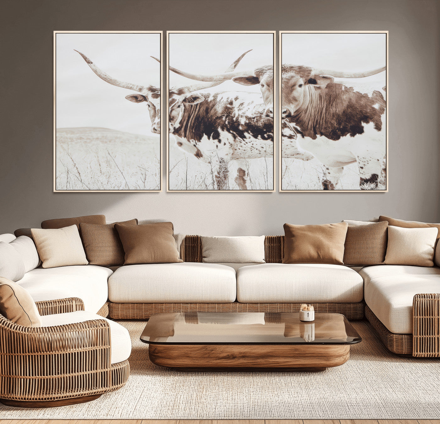 44871787-MGV-FC-60X30-3P_Natural-Longhorn Wall Art Canvas Print – Framed Western Cow Rustic Farmhouse Countryside Animal Artwork for Home, Office