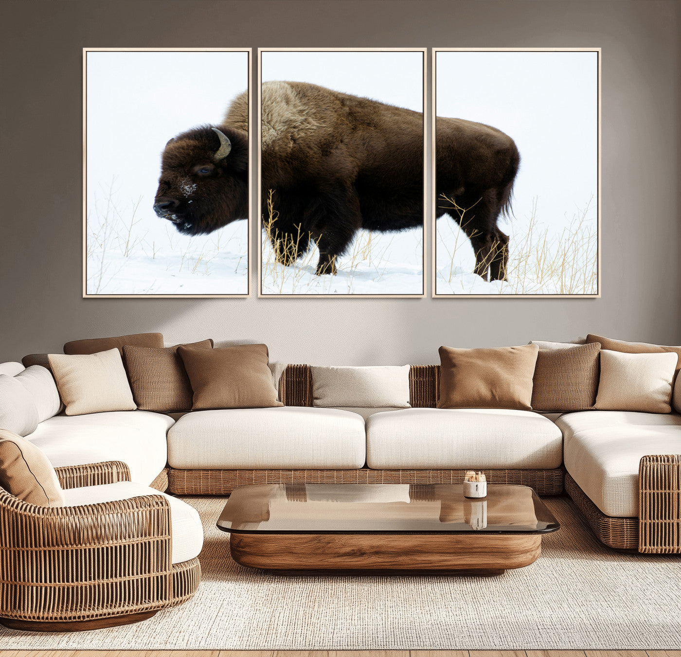 MGV-FC-60X30-3P - Bison Photography Wall Art Canvas Print, Framed Western Wildlife Art Picture Print, Buffalo On Snow Perfect Western Decor Artwork
