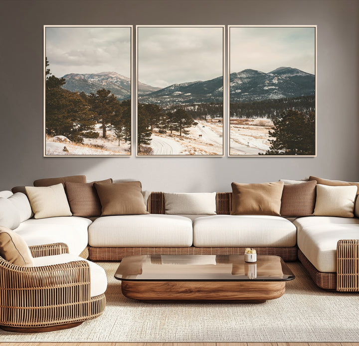 Mountain Landscape Wall Art Canvas Print, Framed Snowy Peaks Art Picture Print, Alpine Aesthetic Perfect Rustic Winter Decor Artwork
