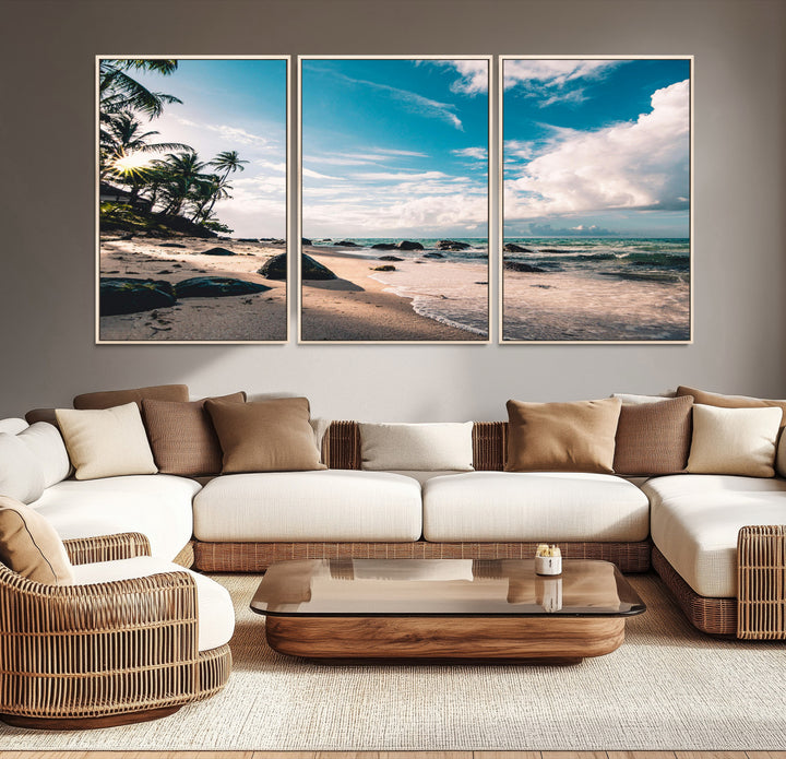 Tropical Beach Wall Art Canvas Print, Framed Ocean Waves Art Picture Print, Relaxing Seascape Perfect Tropical Coastal Decor Artwork