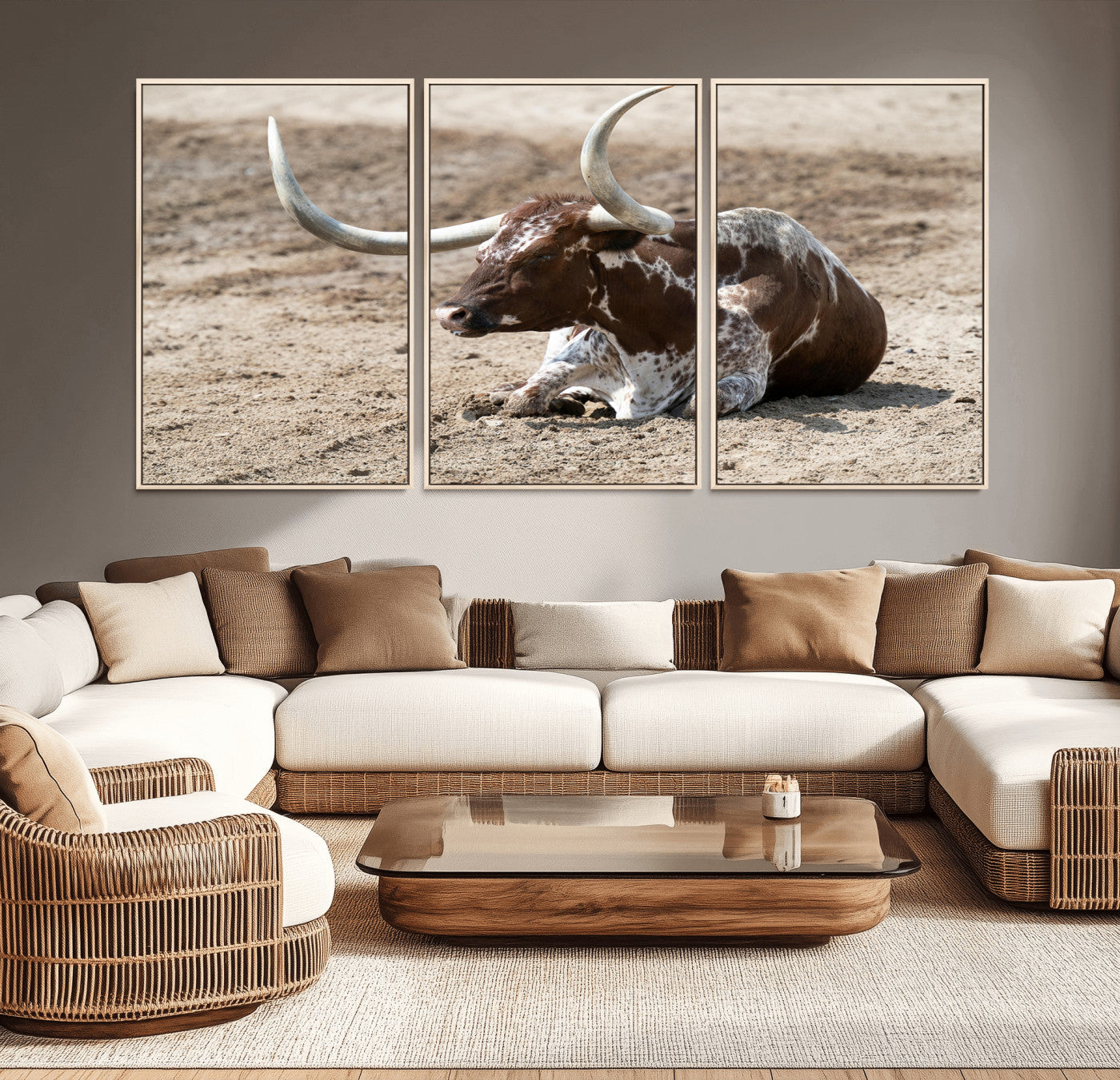 76549210-MGV-CV-36X24-Texas Longhorn Wall Art Canvas Print – Framed Country Living Farmhouse Rustic Cattle Scene Artwork for Home Office