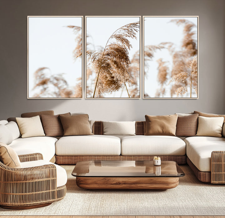 Pampas Grass Wall Art Canvas Print, Framed Neutral Tones Art Picture Print, Minimalist Nature Perfect Boho Decor Artwork