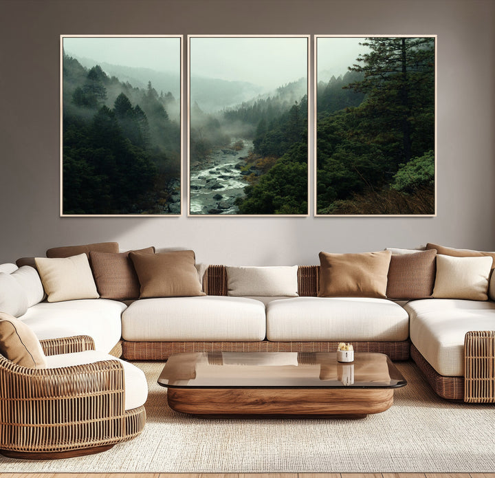 Misty Forest Wall Art Canvas Print, Framed Foggy River Art Picture Print, Moody Landscape Perfect Wilderness Decor Artwork