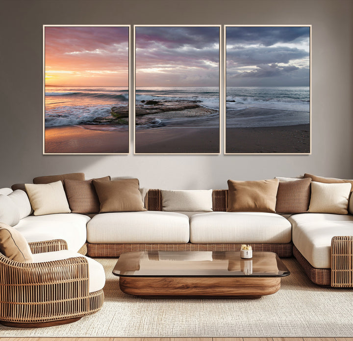 Golden Hour Wall Art Canvas Print, Framed Tranquil Waves Art Picture Print, Beach Perfect Coastal Serenity Decor Artwork